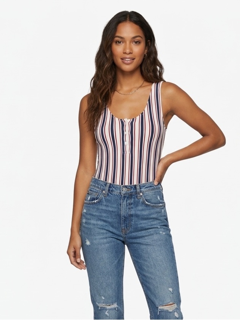 Anine Bing Striped Tank Bodysuit Henley Button Front coast chic nautical Size S